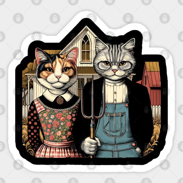 Retro American Gothic Cat Mom Cat Dad Gifts Funny Cat Sticker by KsuAnn